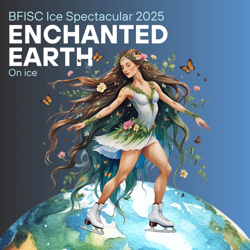 Ice skater surrounded by nature above earth with Enchanted Earth On Ice text